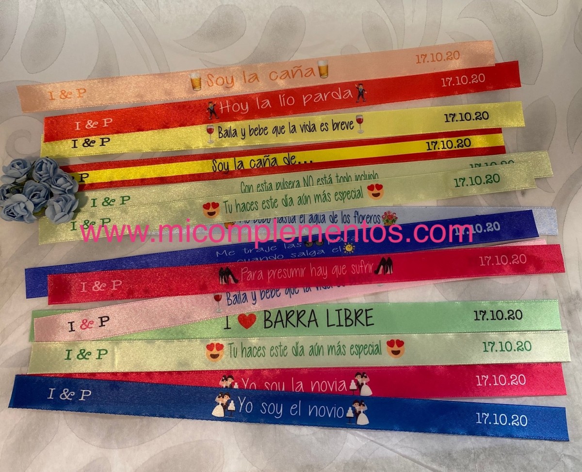 Pack de pulseras de tela para eventos con frases divertidas – M\u0026I  Complementos
